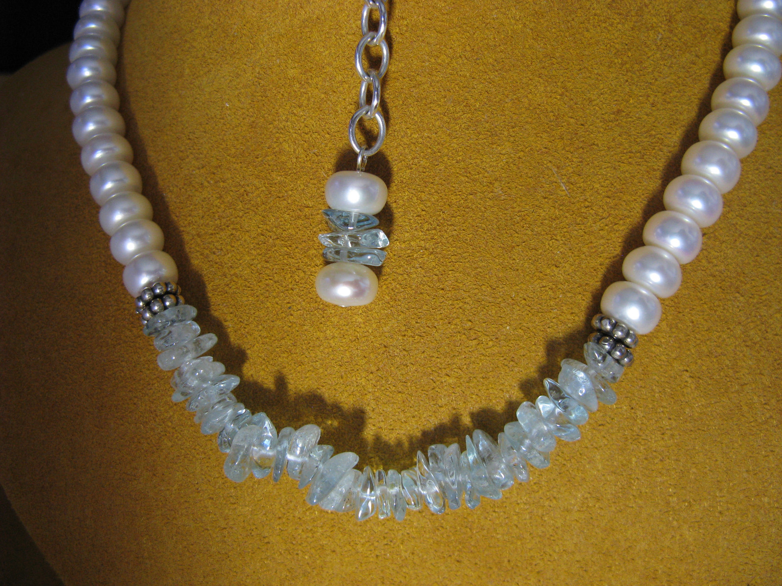 PEARL NECKLACE AQUAMARINE STRAND STRING WHITE SILVER HONORA Gift Designer