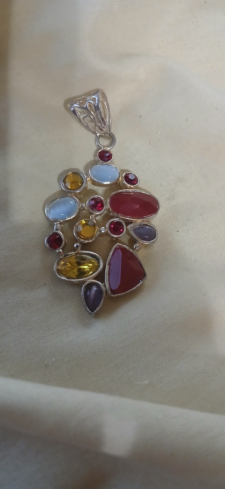 Sterling Silver 925 Multicolor Gemstone Statement Pendant Bezel Asymmetrical