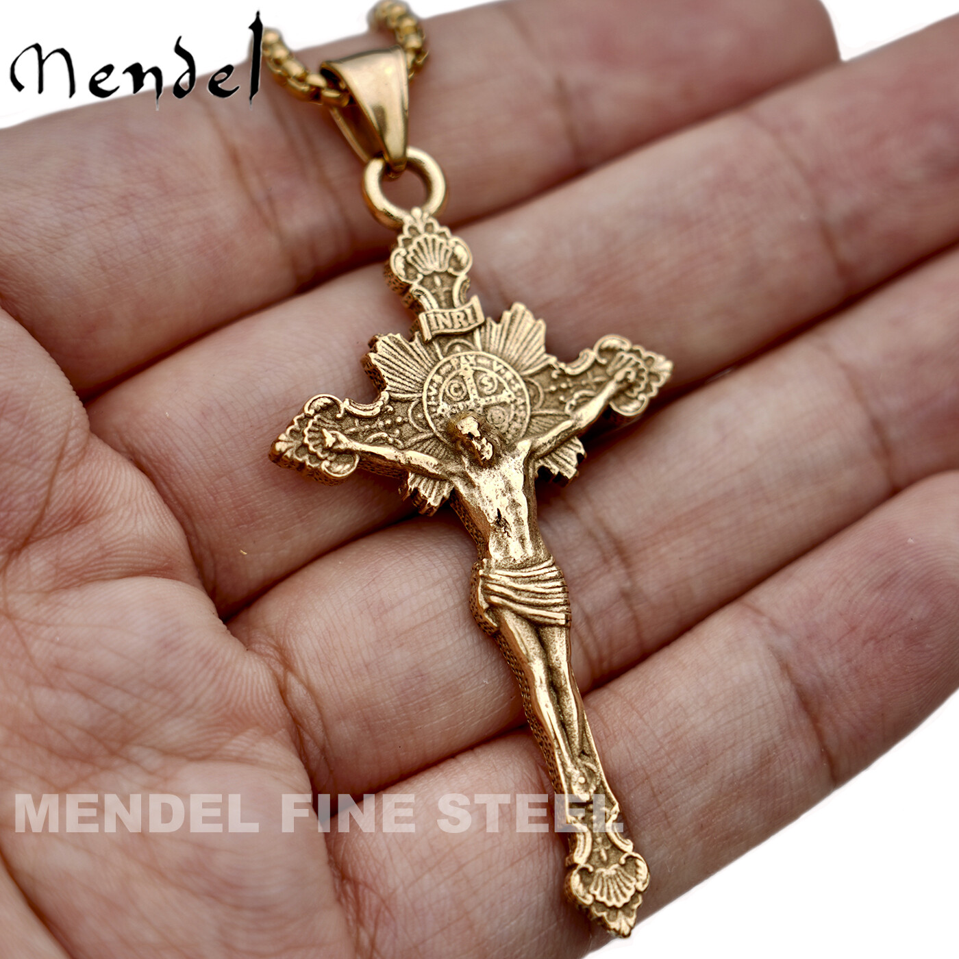 MENDEL Mens Gold Plated Jesus Crucifix Cross Pendant Necklace For Men Stainless