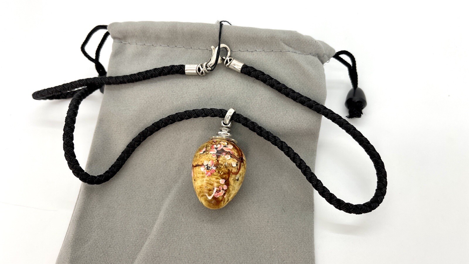 Sakura Tree Flowers Pendant Amber Silk Black Necklace Art Work Handmade Gift Jam