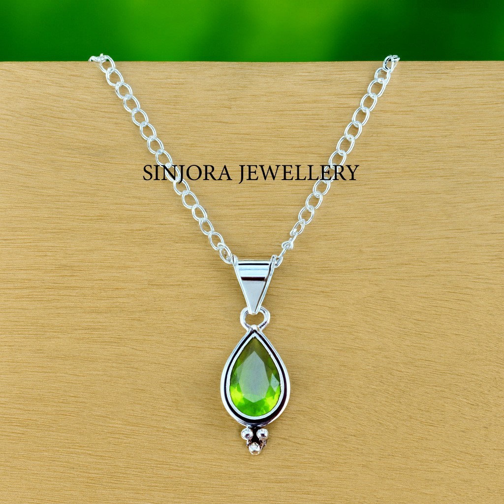 Peridot Gemstone 925 Sterling Silver Jewelry Handmade Pendant 18”