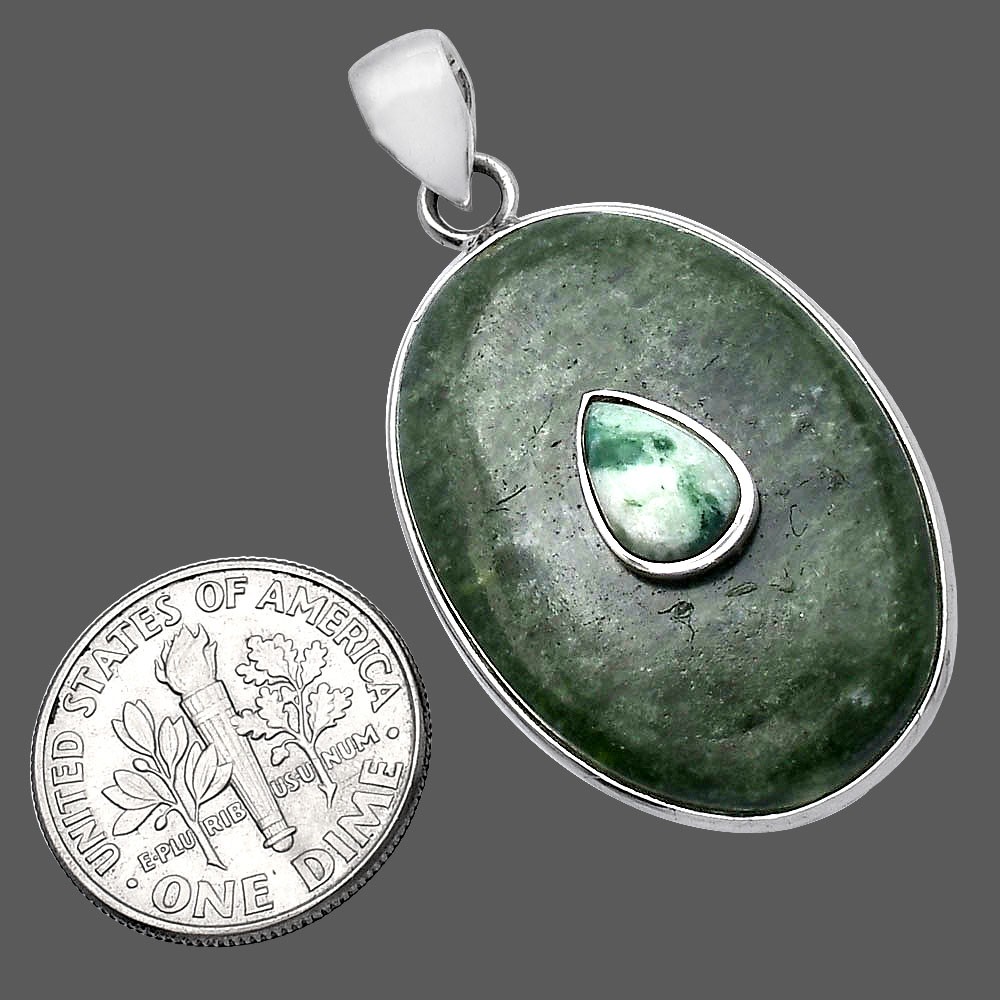 Natural Serpentine & Dioptase 925 Sterling Silver Pendant Jewelry P-1323