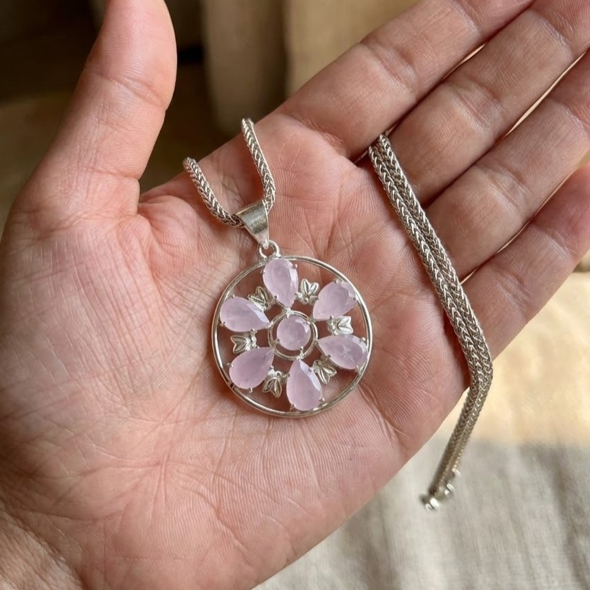 50-55Ct Rose Quartz Pendant Sterling Silver | Pink Crystal Floral Necklace