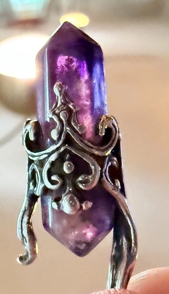 Amethyst Crystal Point Pendant Ornate Silver Tone Filigree Boho 1”