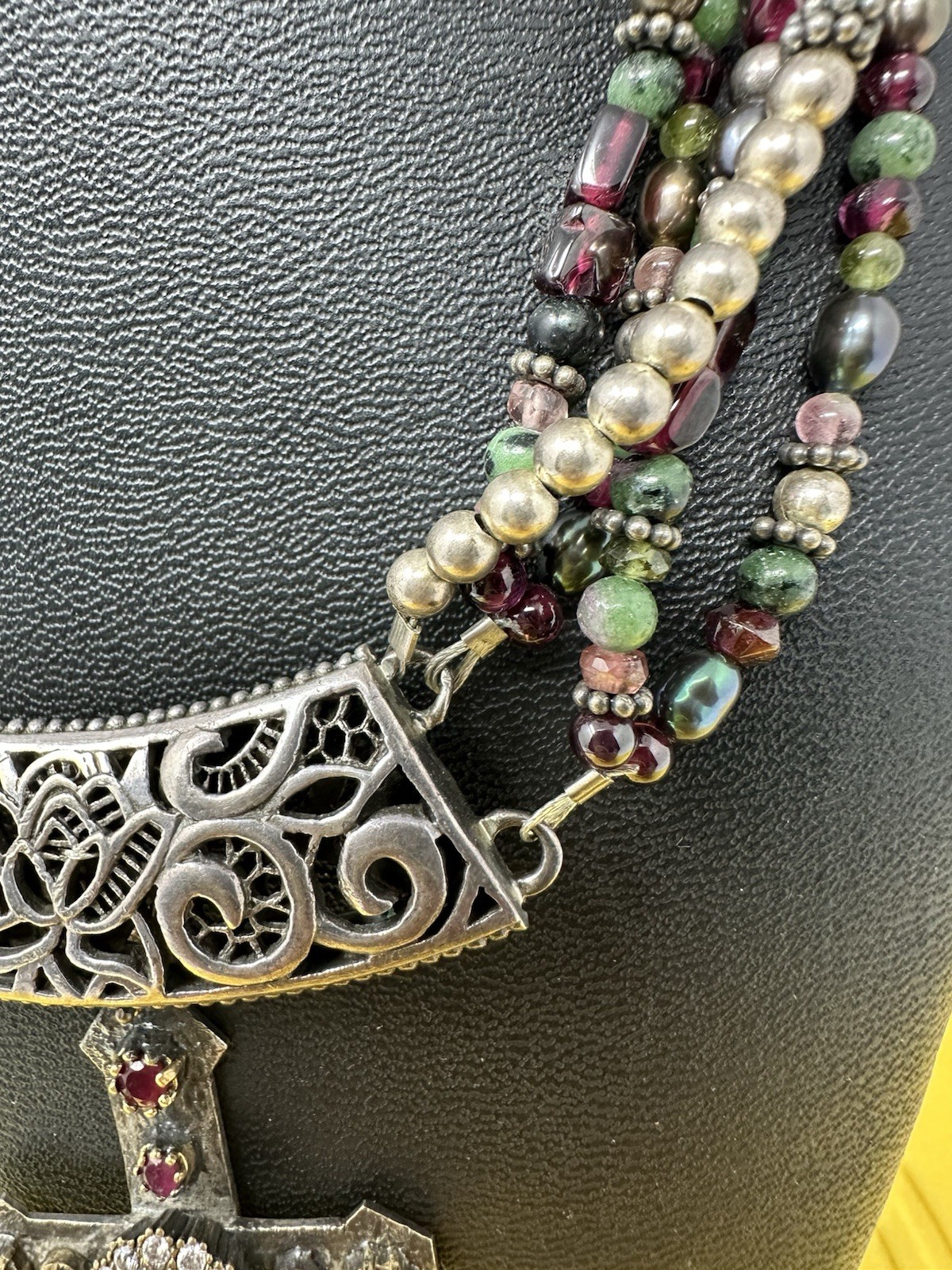 Sterling Silver Byzade Multiple Gemstone Cross Choker Necklace Elegant 87g 14in+