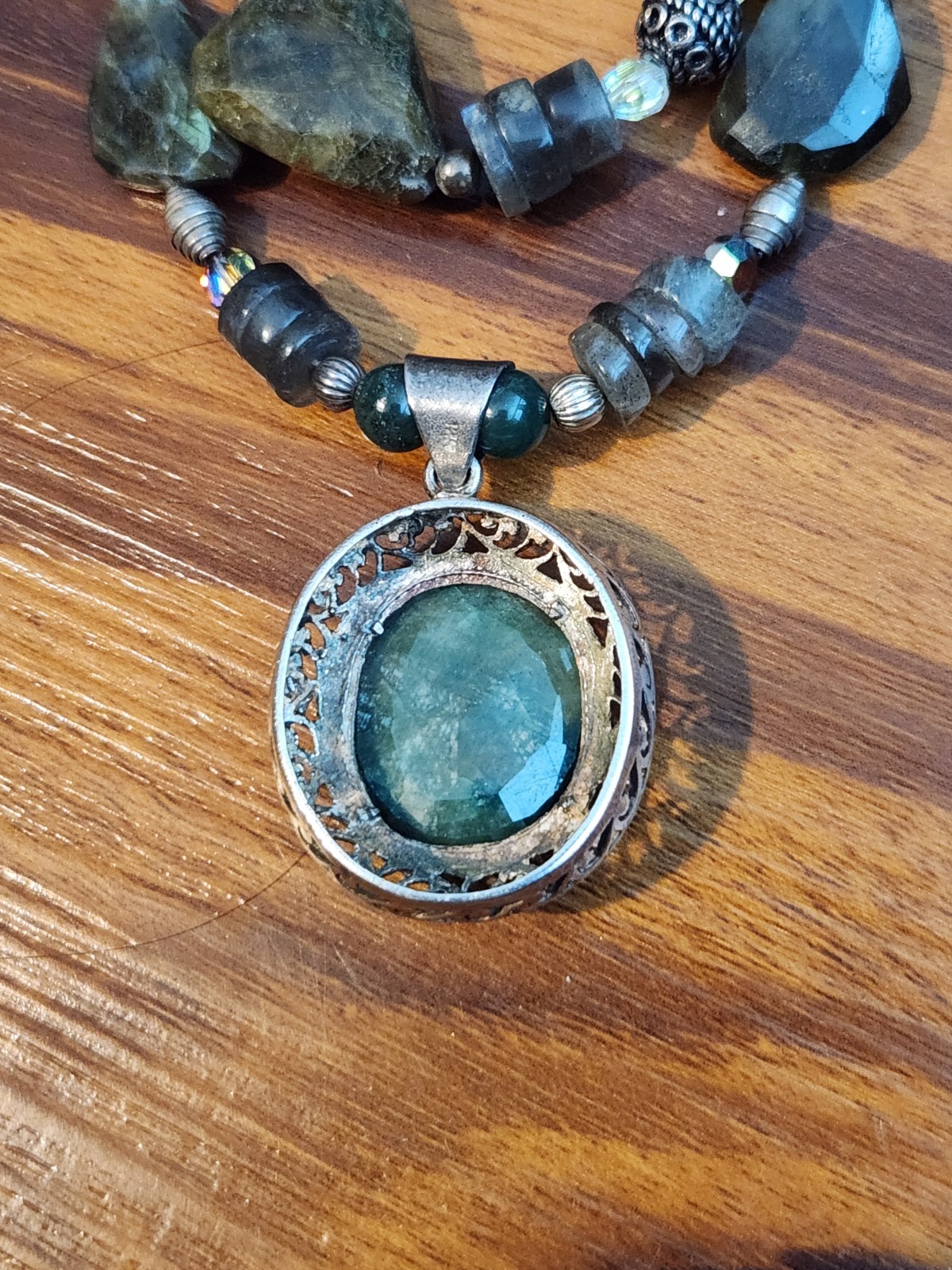 Hand Cut Rock Crystal Smoky Green Blue Quartz Necklace Sterling 925 Classy Beads