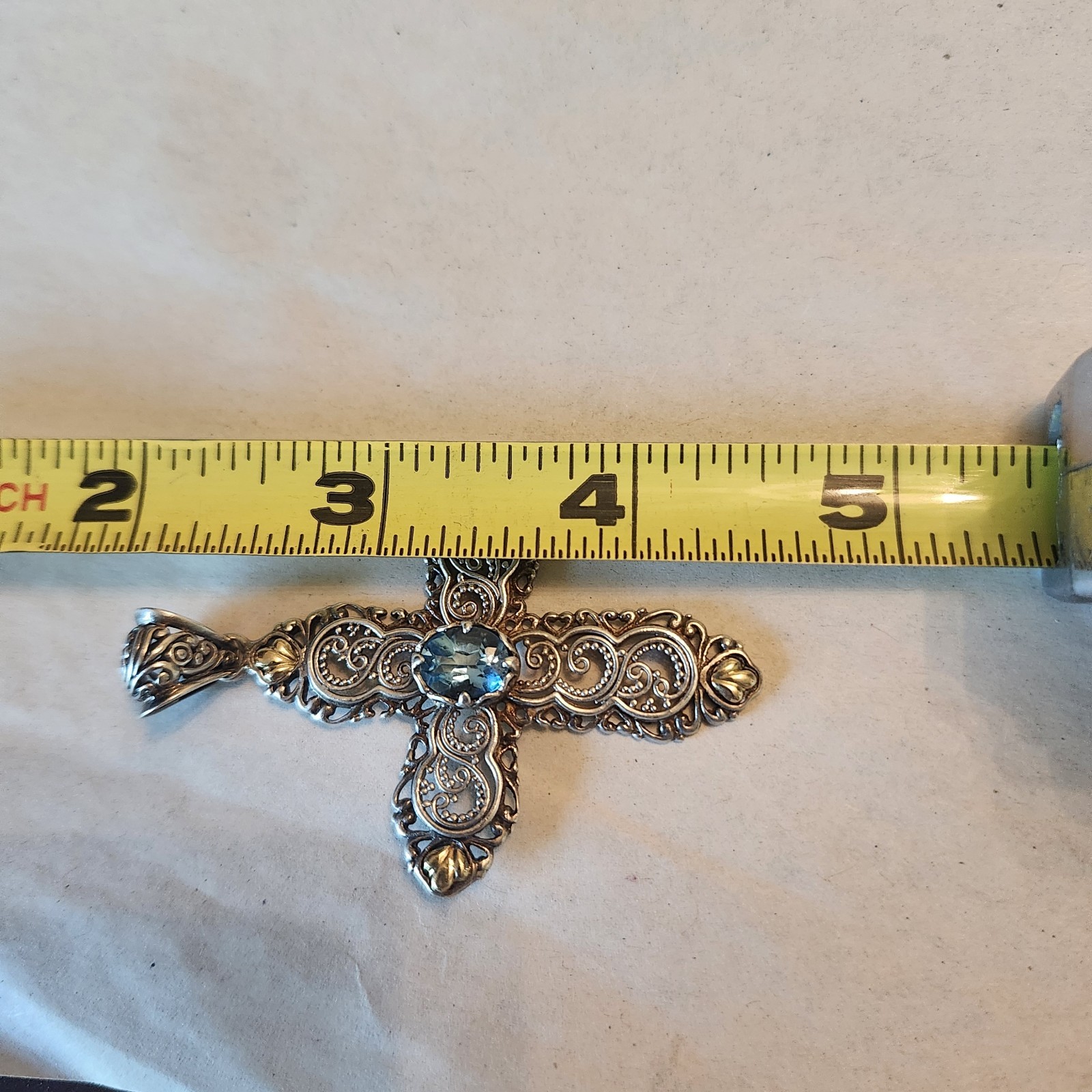 Robert Manse Sterling Silver 925 and 18k Gold Cross Blue Topaz Pendant