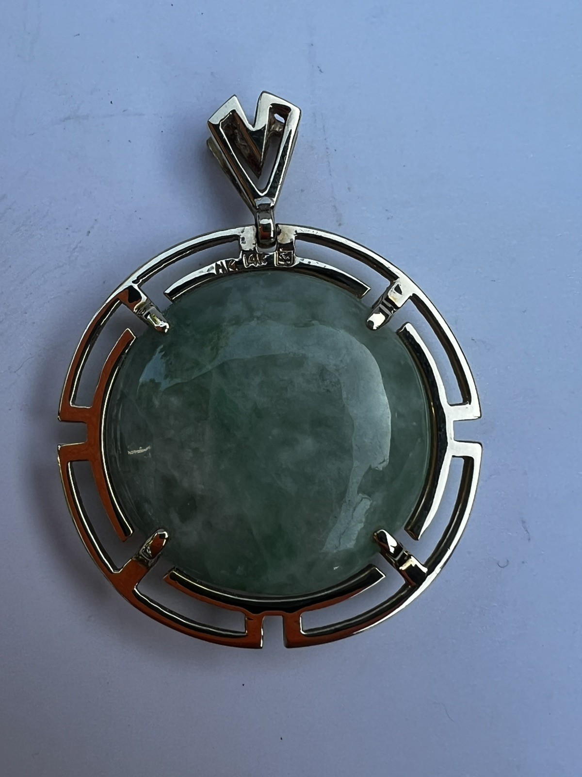 FINE HK 14k Yellow Gold Chinese Green Jade Disc Greek Key Pendant 8.5gr Jewelry
