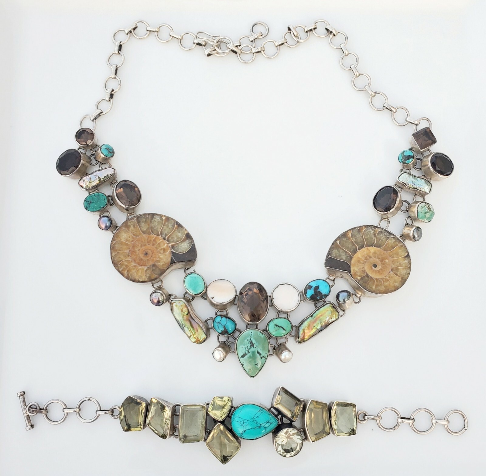 925 Silver Statement Necklace & Bracelet Turquoise Smokey Quartz Fossil Pearl