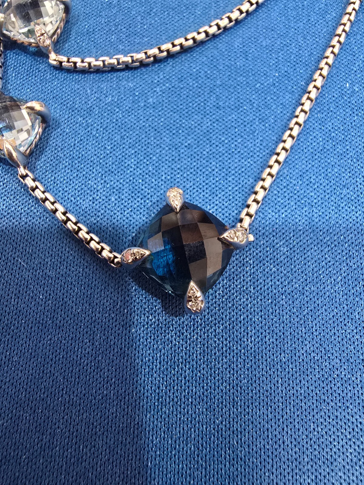 Sterling Silver David Yurman Chatelaine Blue Topaz and Diamond Station Necklace
