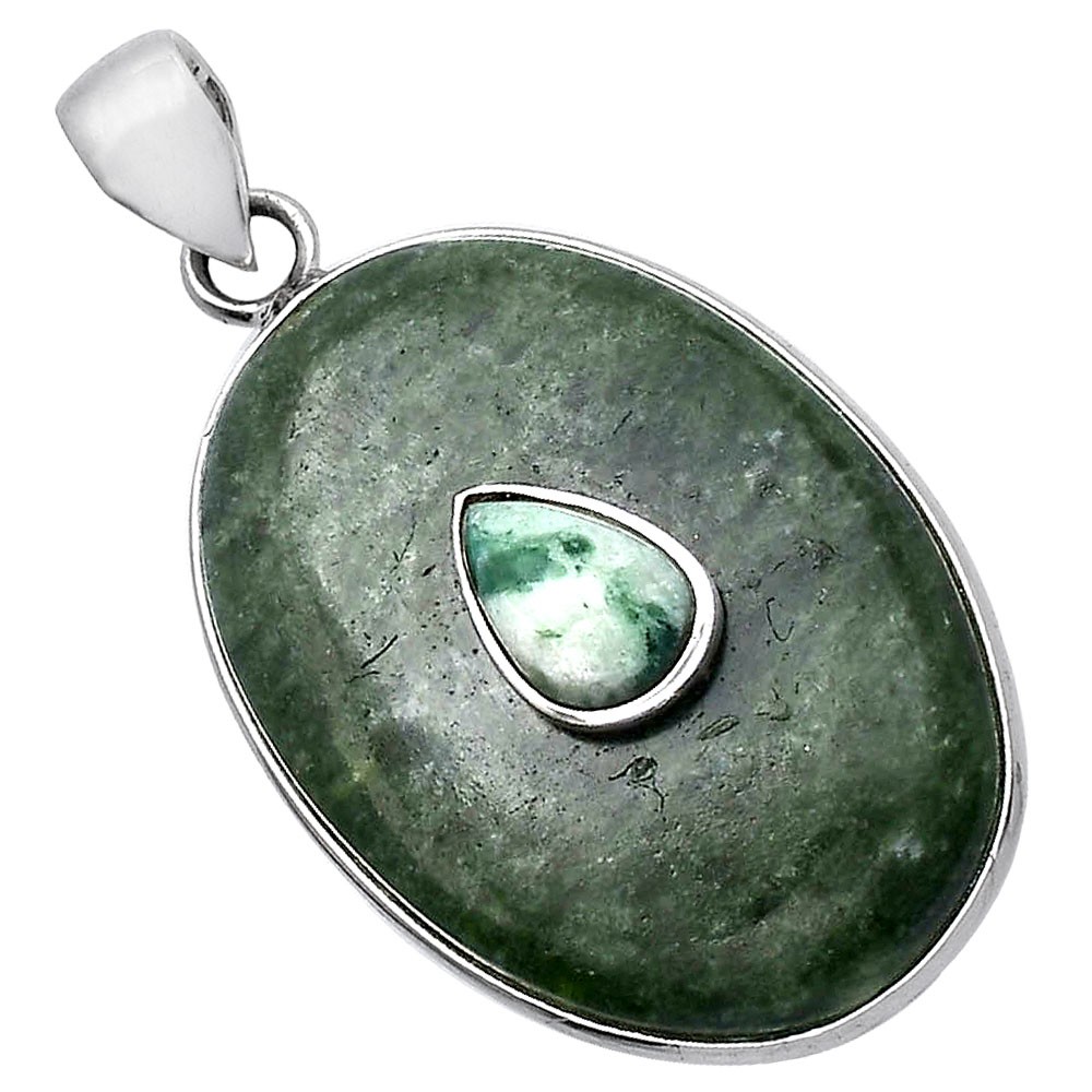 Natural Serpentine & Dioptase 925 Sterling Silver Pendant Jewelry P-1323