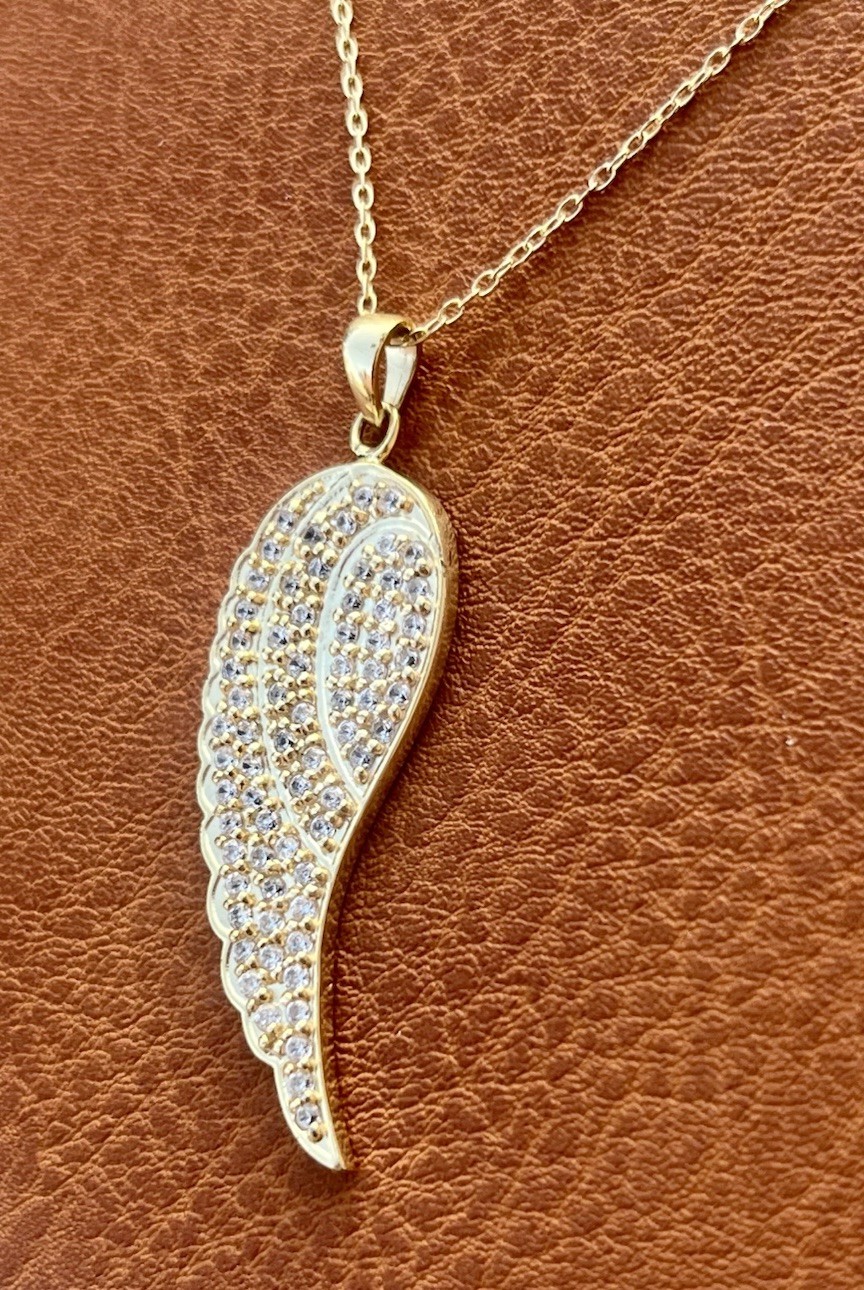 Designer FAS Gold Vermeil Over 925 Sliver White Gemstone Wing Pendant Necklace
