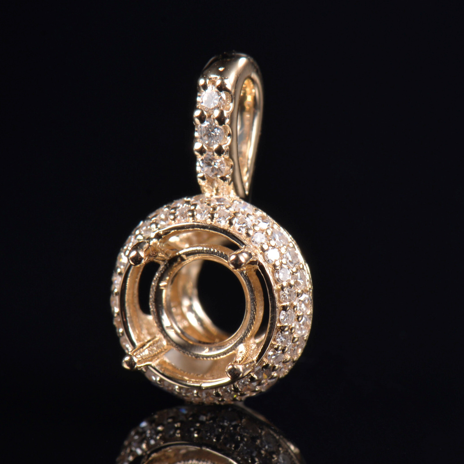Round 6.5mm Charm Semi Mount Natural Diamond Pendant Setting 14K Yellow Gold