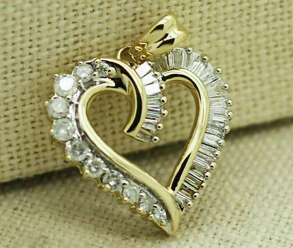1.50 Ct Baguette and Round Cut Diamond Love Heart Pendant 14k Yellow Gold Plated