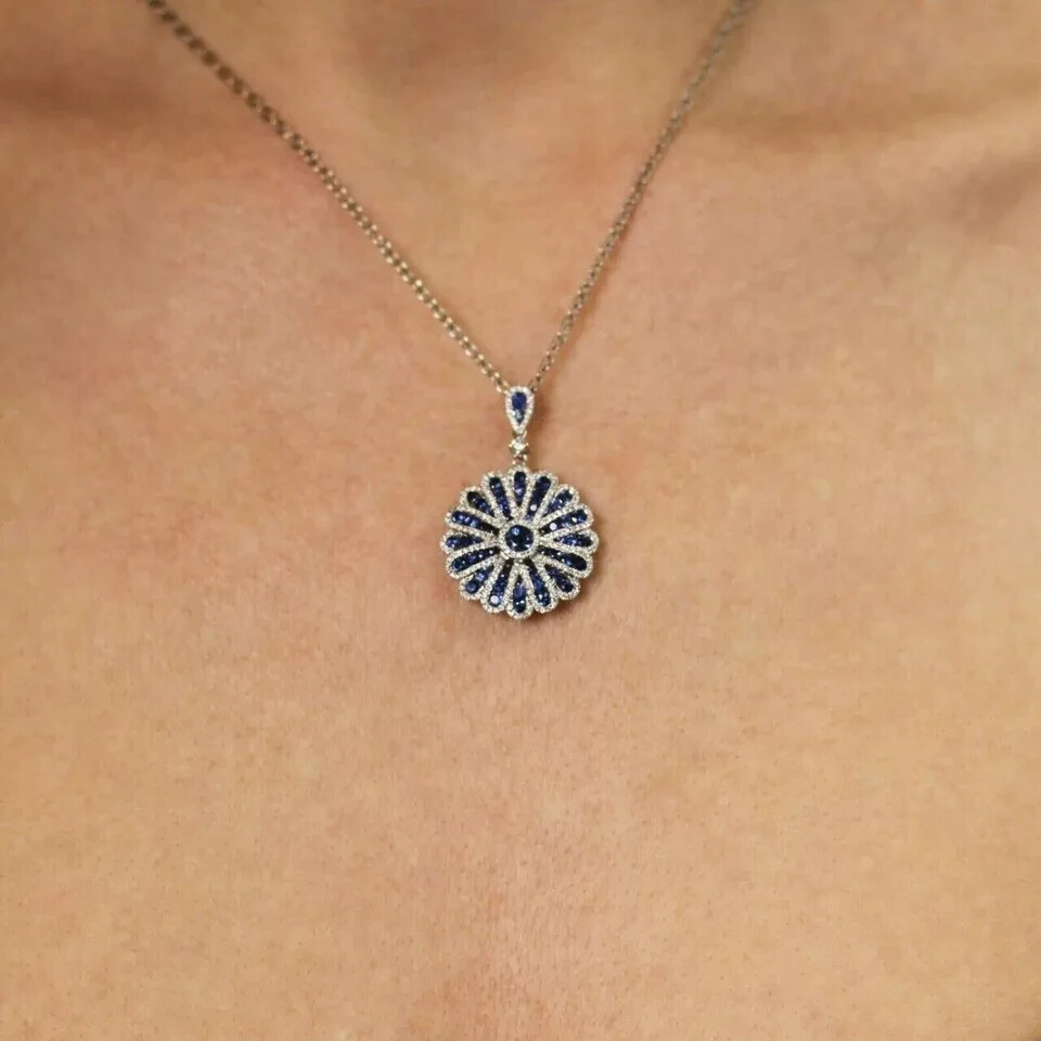 Sapphire 2Ct Lab Created Round Cut Flower Pendant 14K White Gold Finish Chain