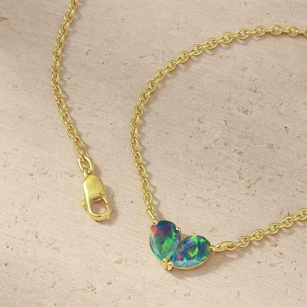 AAA Black Opal Dual Pear Gemstone Pendant, Natural Opal Chain Pendant Necklace