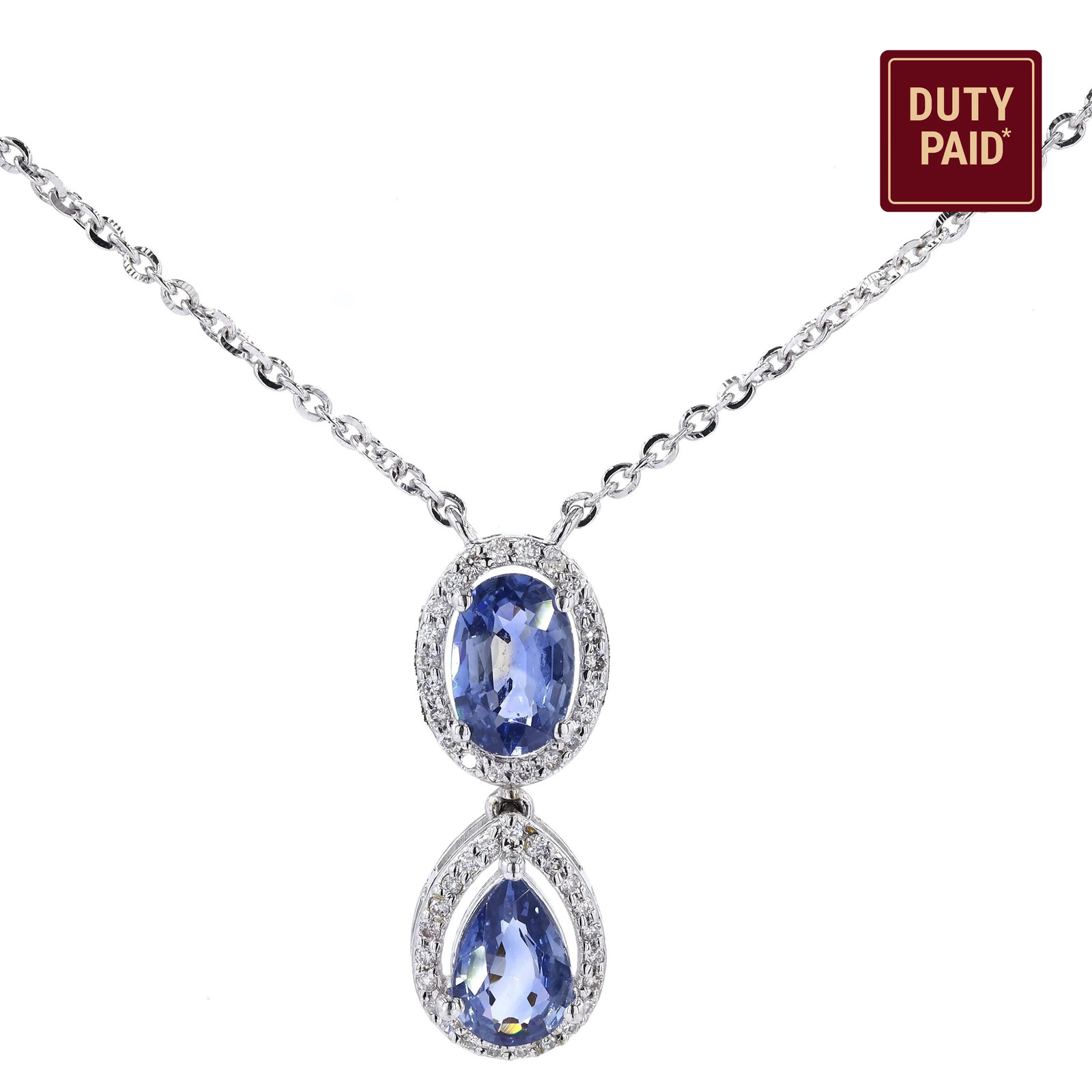 0.87ct Natural Sapphire Double Drop Pendant Necklace 14K Solid Gold Halo Pave