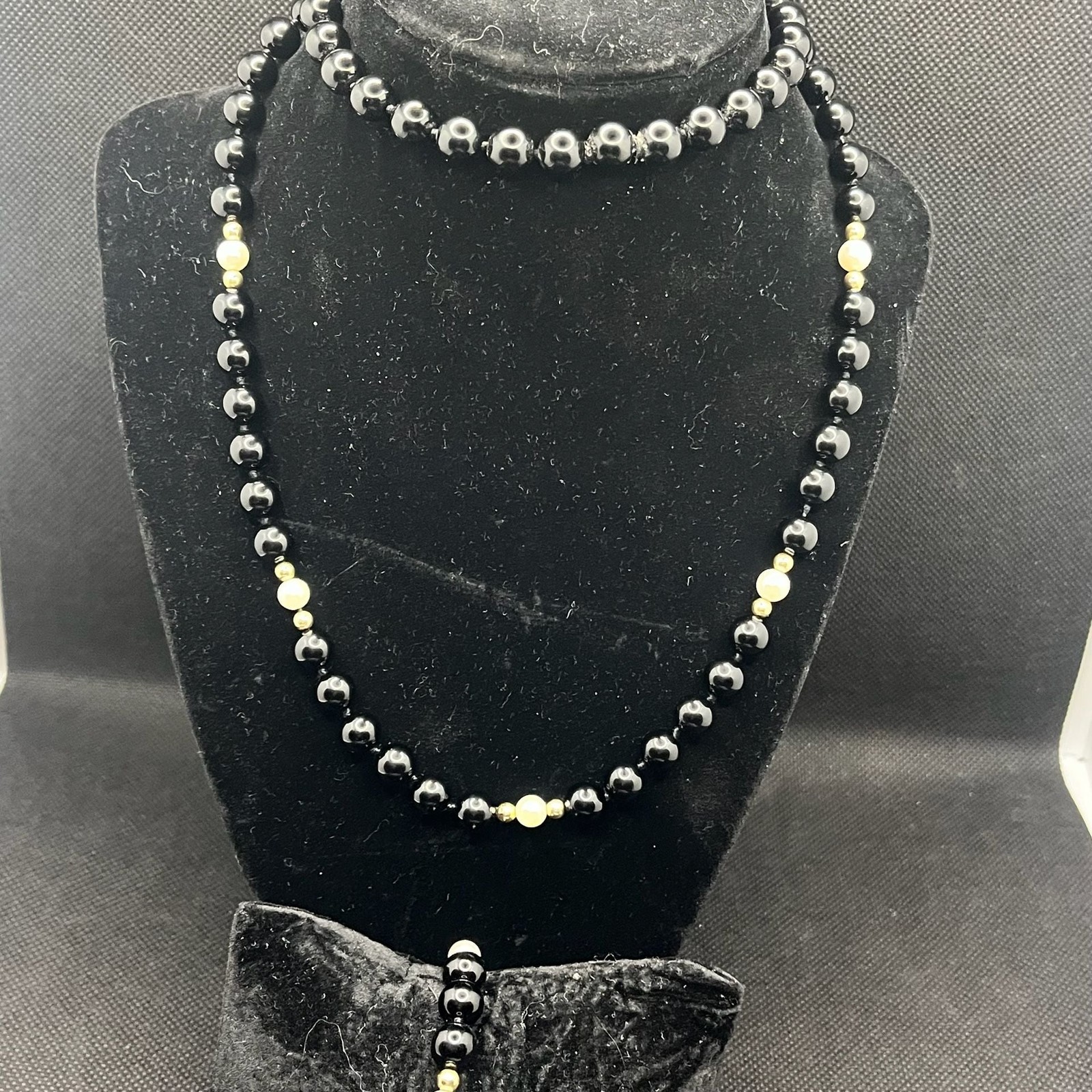 Vtg Imperial Pearl Syndicate 14K Gold Onyx Pearl 30″ Continuous Necklace Set