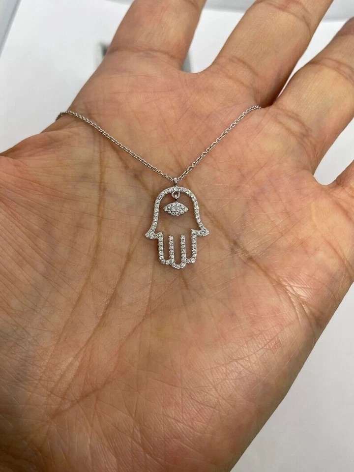 Round Natural Diamond Hamsa Hand Pendant 18” Chain 14K White Gold UGL GH/SI
