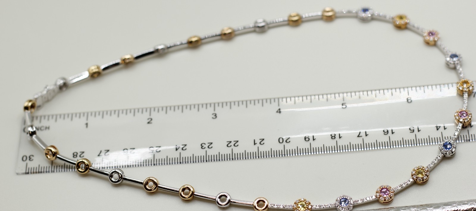 18k Two Tone Gold Multi-Colored Natural Sapphires & Diamond Necklace 31.7 Grams