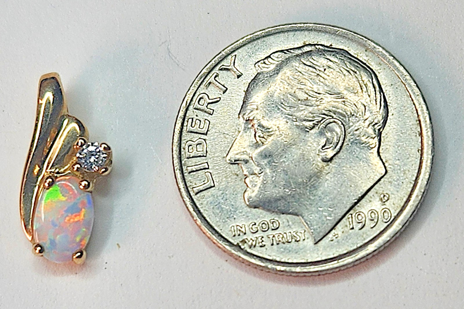 Petite 10k Yellow Gold Oval White Opal Pendant in Prong Setting Charm Pendant