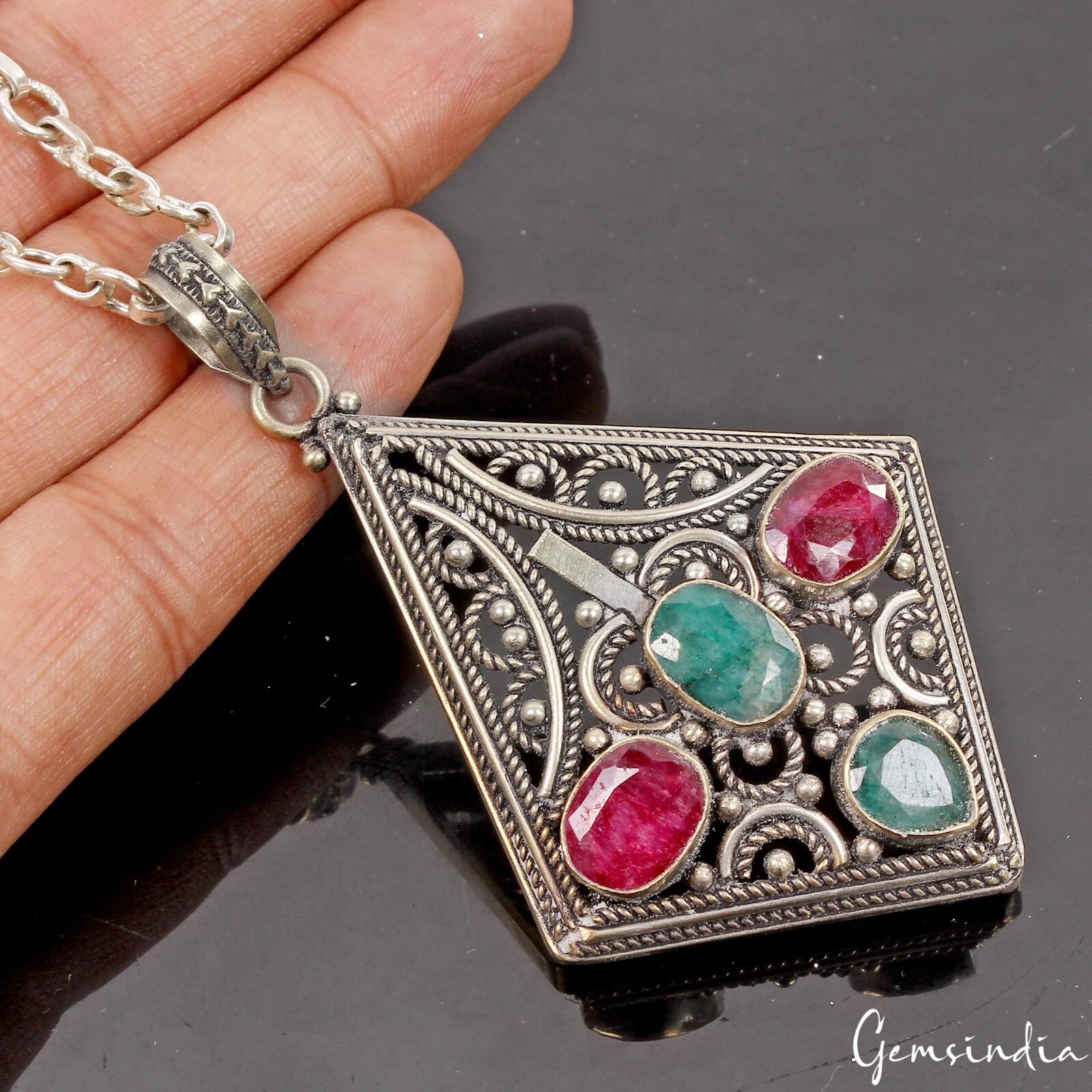 22.5g Multi Color Gems Hand Crafted German Silver Pendant Women Jewelry 3.25inch