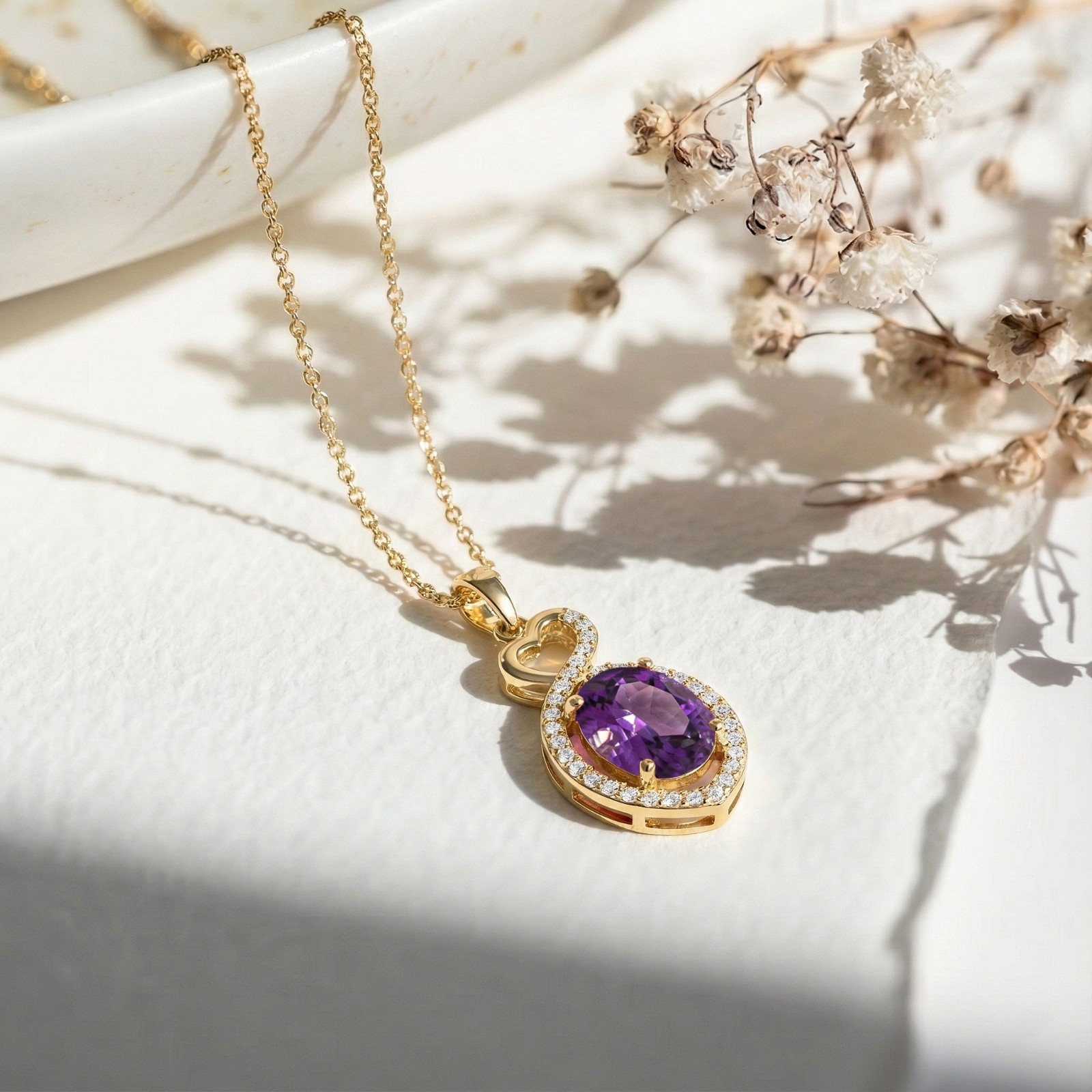 Natural Amethyst Pendant Necklace, Purple Gemstone Halo Heart Infinity Necklace