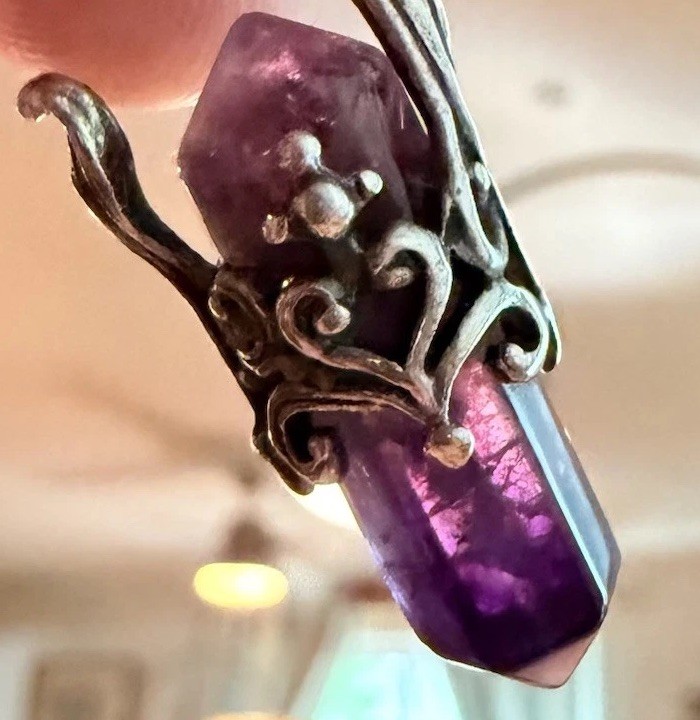 Amethyst Crystal Point Pendant Ornate Silver Tone Filigree Boho 1”