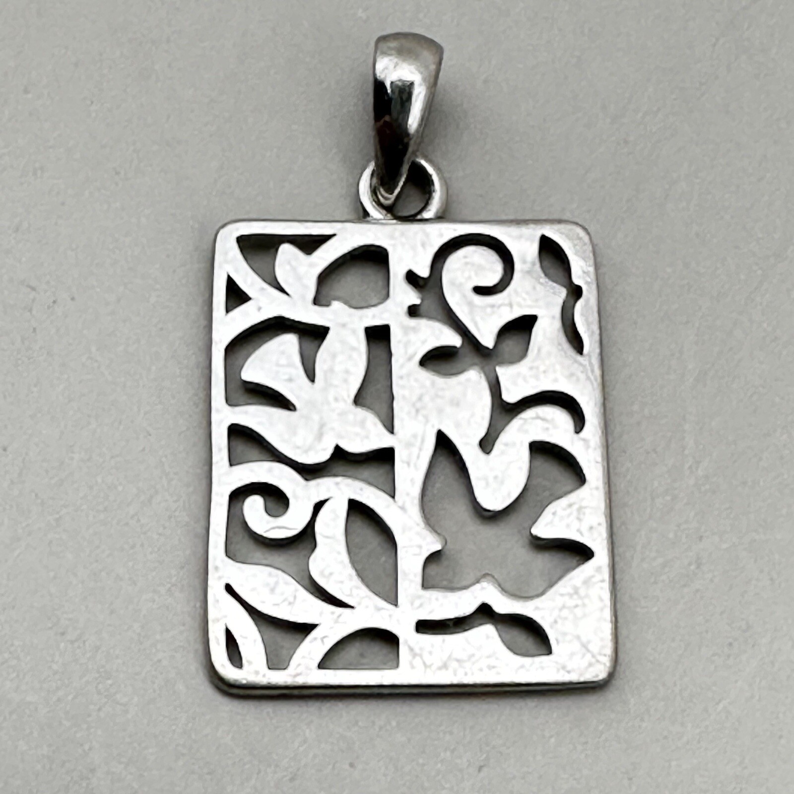 Flying Birds Rectangular Pendant 925 Sterling Silver Cut Out Open Work Leaves