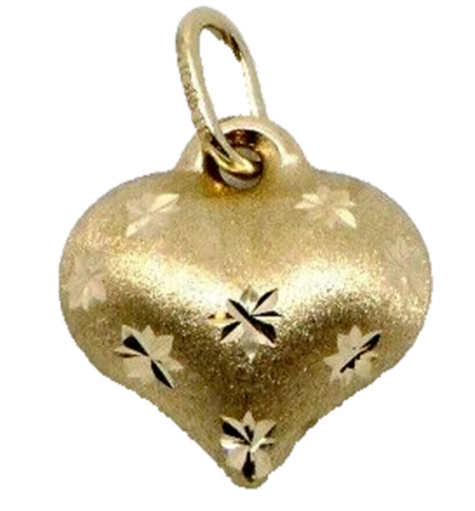 14K Yellow Gold Satin Puffed Heart Charm with Diamond Cut Stars Pendant 3D