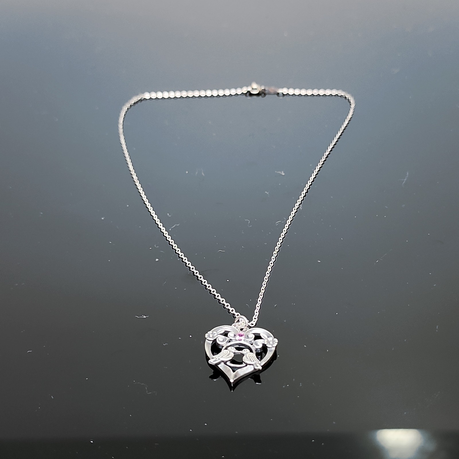 Sterling Silver 925 Heart Pendant Necklace 18″ Love Birds Doves Floral Gem