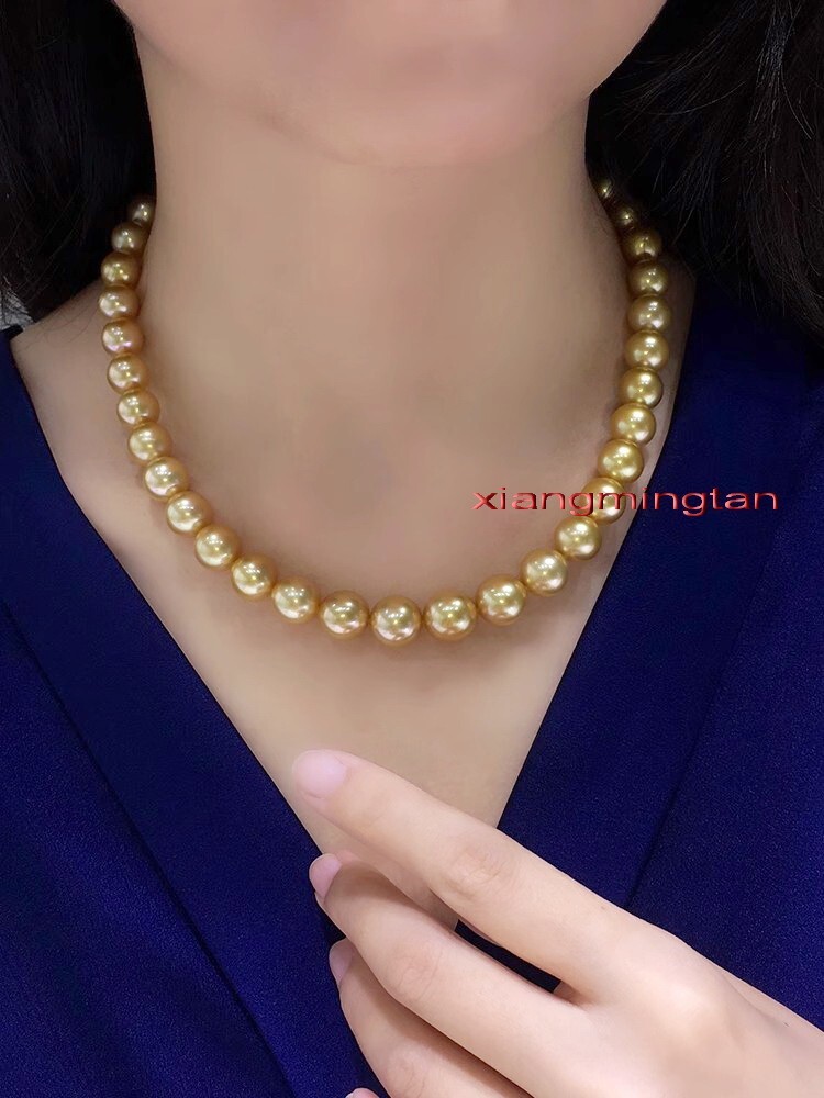AAAAA 18″11-12mm NATURAL REAL South sea deep golden pearl necklace 14K gold