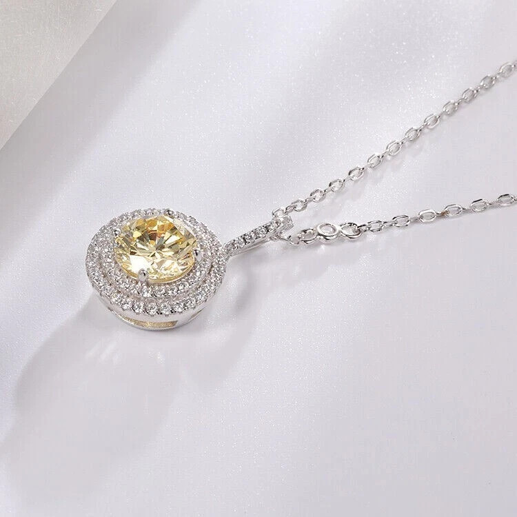 2Ct Round Cut Citrine & Diamond Halo Pendant 18″ Free Chain 14k White Gold FN