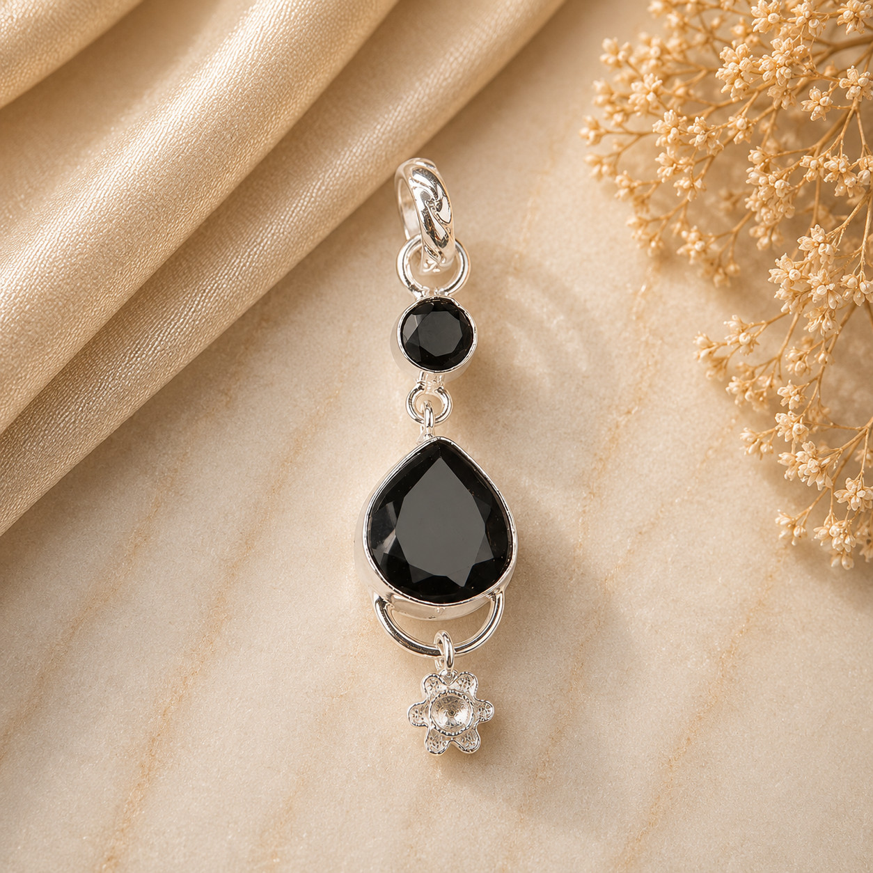 Black Onyx Gemstone 925 Solid Silver Necklace Pendent 2.00″ Gift For Her