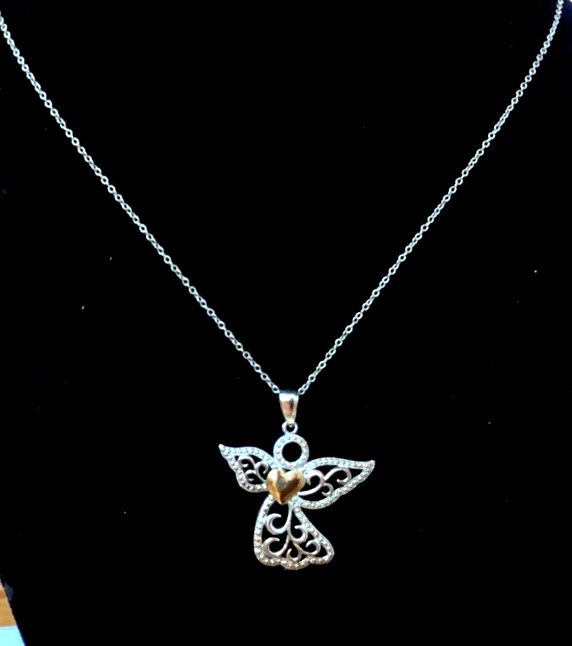 Sterling Silver 10K Yellow Gold Angel Heart Pendant w/18″ Necklace – MUST SEE