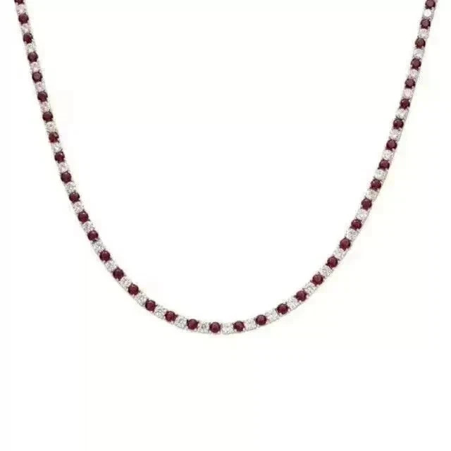 15TCW Round Cut Lab-Created Ruby & Diamond Tennis Necklace 14k White Gold Plated