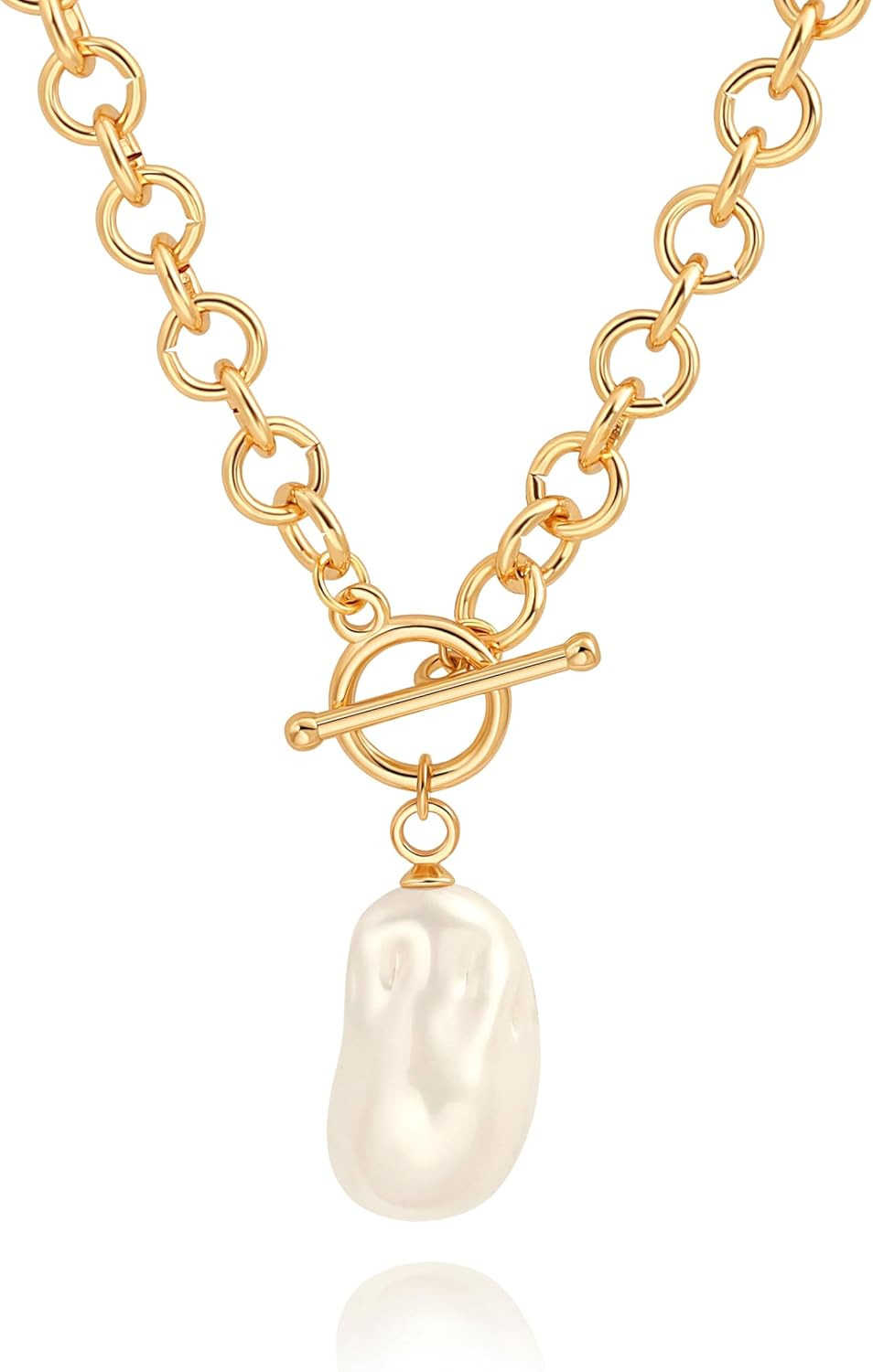 Large Baroque Pearl Pendant Necklace, 18K Gold Chunky Chain Link Necklace For…
