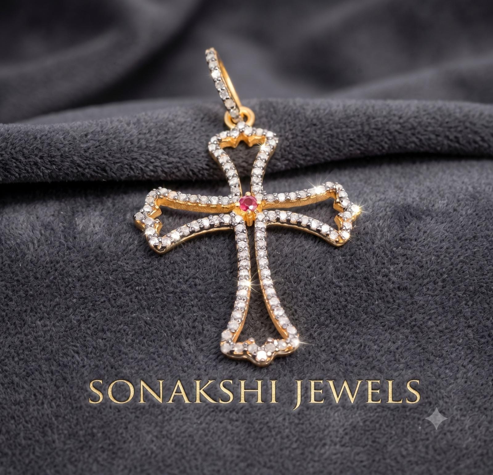 Vintage Sterling Silver 925 Cross Pendant: Diamond & Ruby Pendant