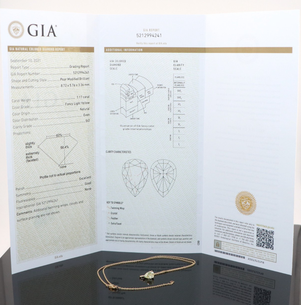 $11500 18k Yellow Gold GIA 1.17 Fancy Light Yellow Pear Diamond Pendant Necklace