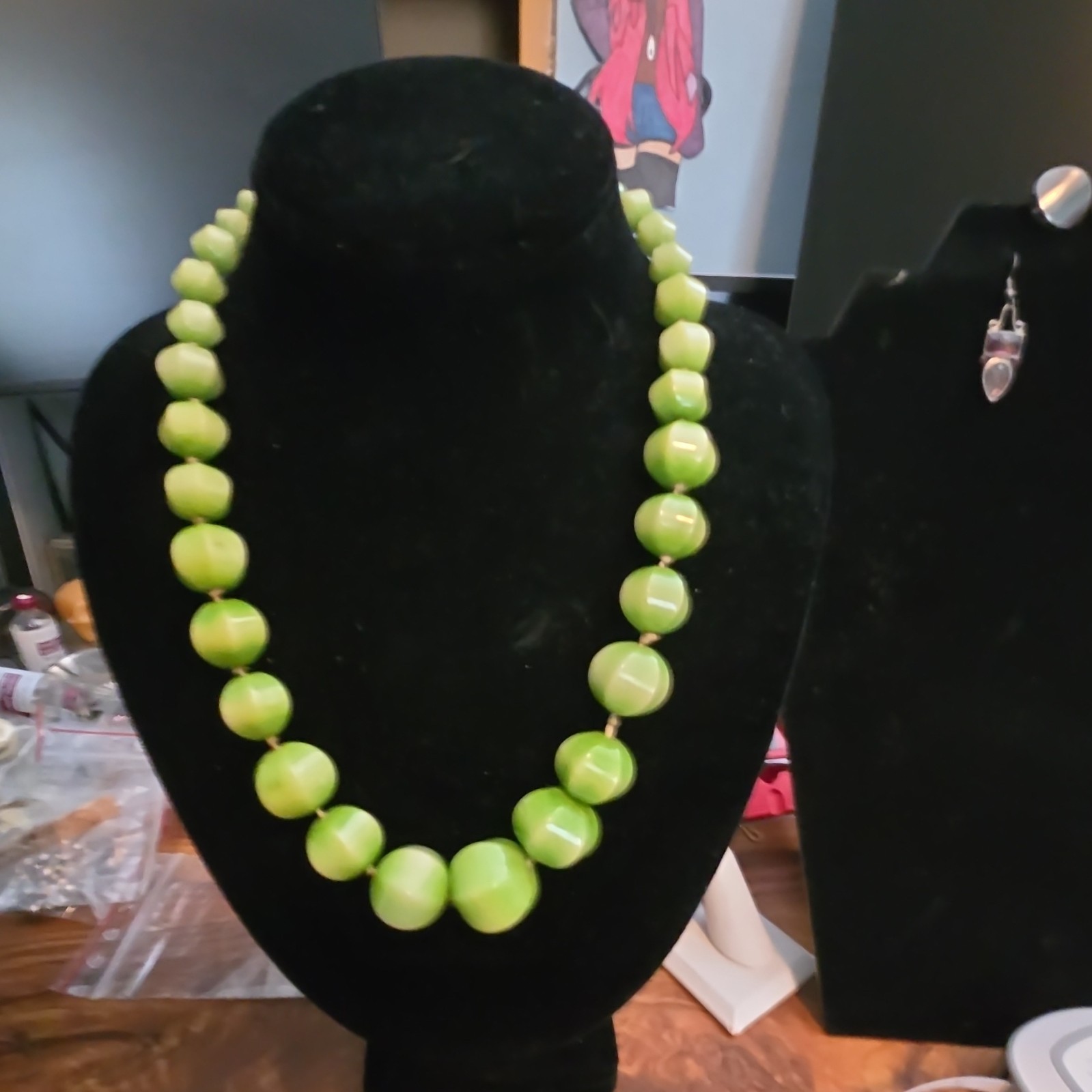 Jadeite Hand Beaded Cord Strand Necklace with Sterling Silver Hook Clasp