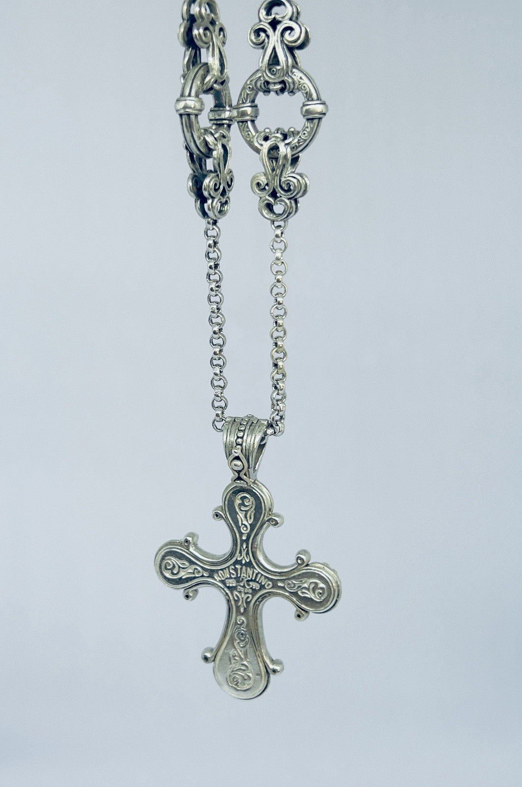 Konstantino 925 750 Aquamarine Pink Tourmaline Cross Pendant 18″ Toggle Chain