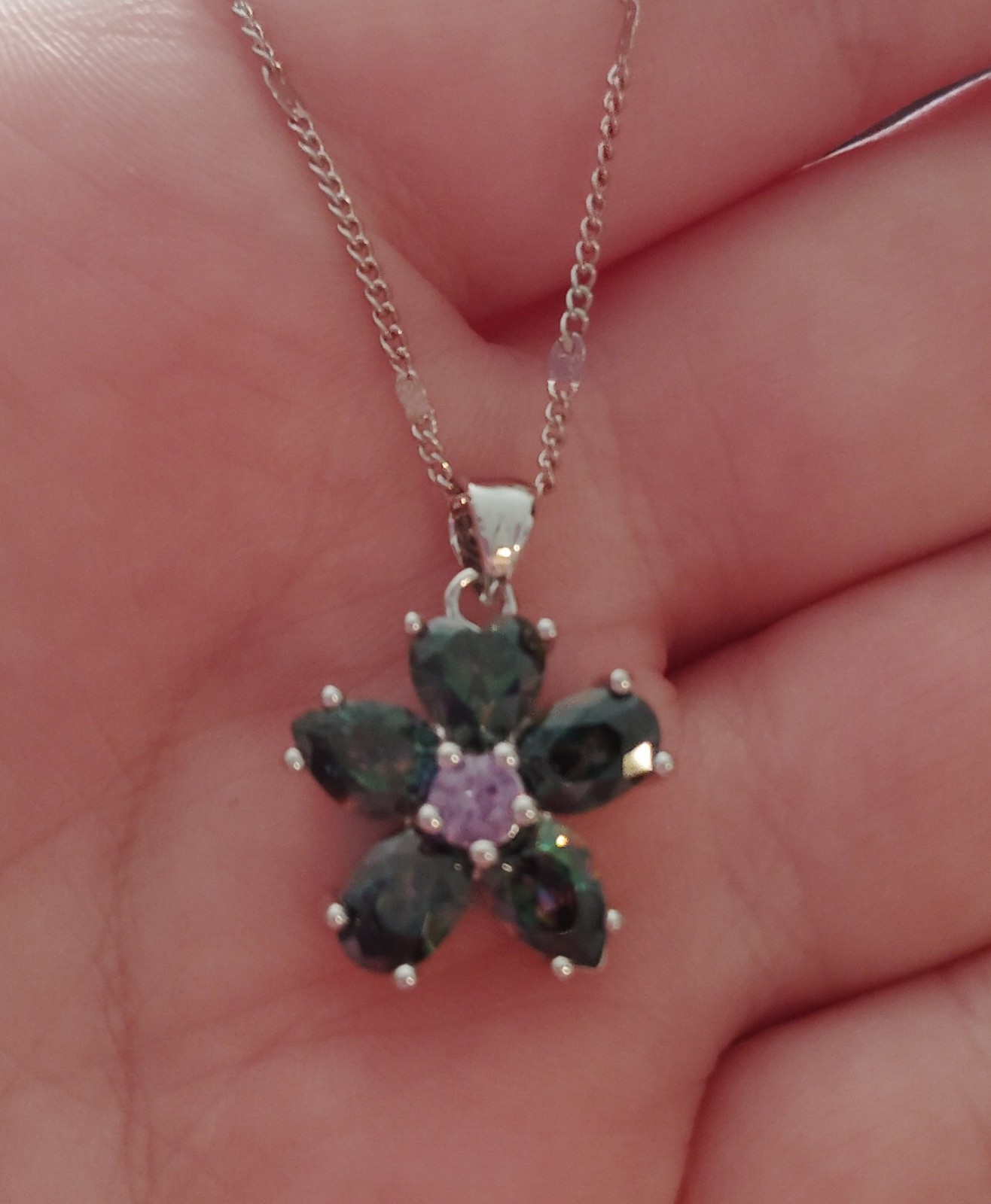 Sterling Silver 925 Mystic Topaz/Amethyst Heart Cut Flower Pendant Necklace Set!