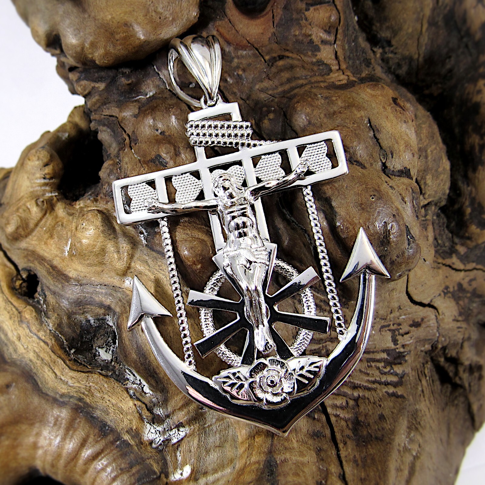 Men’s Solid 925 Sterling Silver Crucifix Anchor Pendant Hip Hop Jesus Jewelry