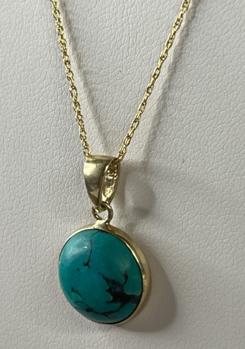 1970’s Vintage 14K Gold Robin’s Egg Turquoise Pendant & 10K Rope Chain Necklace
