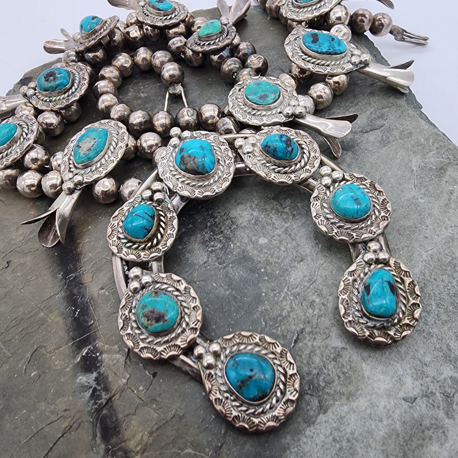 Sterling Silver 925 Navajo Calvin Desson Sleeping Beauty Squash Blossom Ag 24249