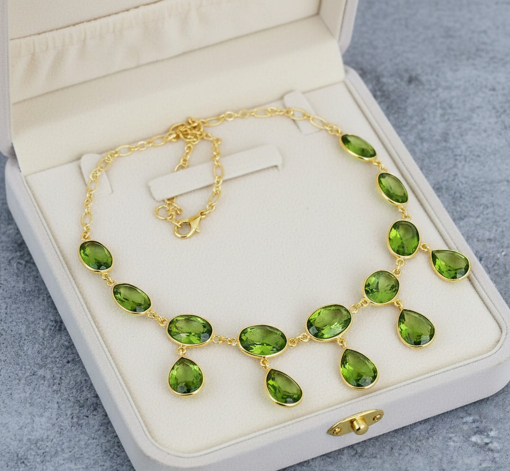Green Periddot Gemstone 925 Sterling Silver Jewelry Necklace Size-17-18″