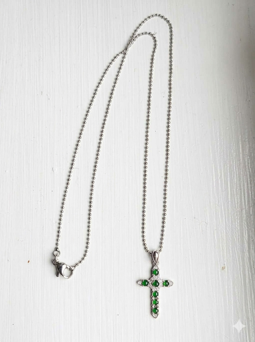 Natural Tiny Green Jadeite Cross pendant necklace in 925 Sterling Silver setting