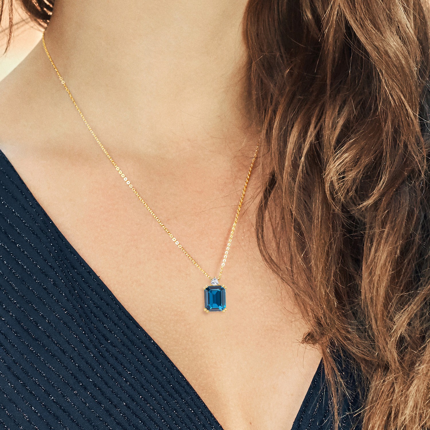 18K Yellow Gold Plated Silver London Blue Topaz and Moissanite Pendant Necklace