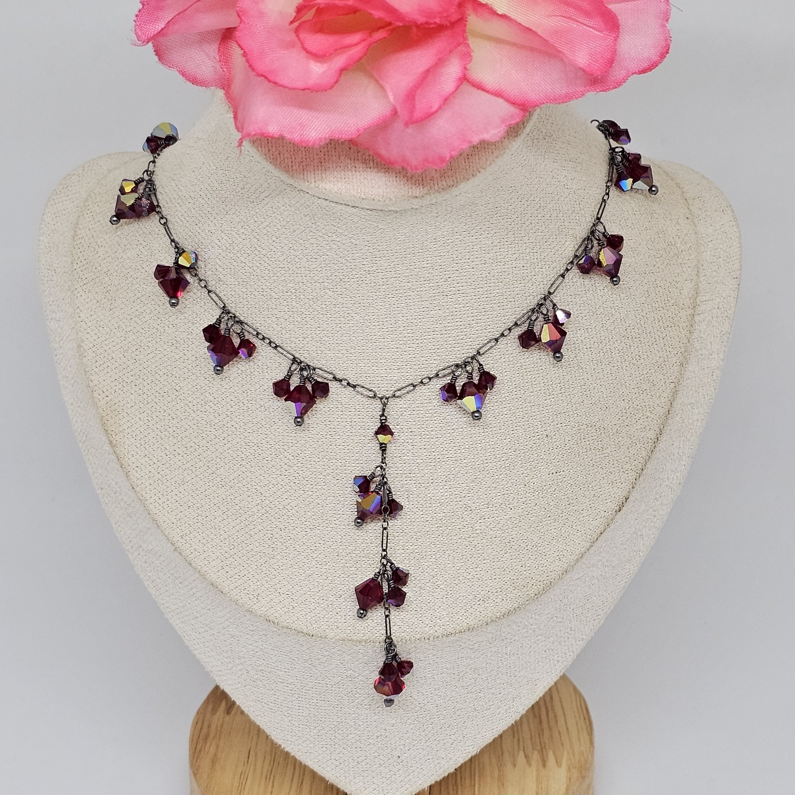 925 Oxidized Sterling Silver – Red Crystal Bead Charms Lariat Chain Necklace