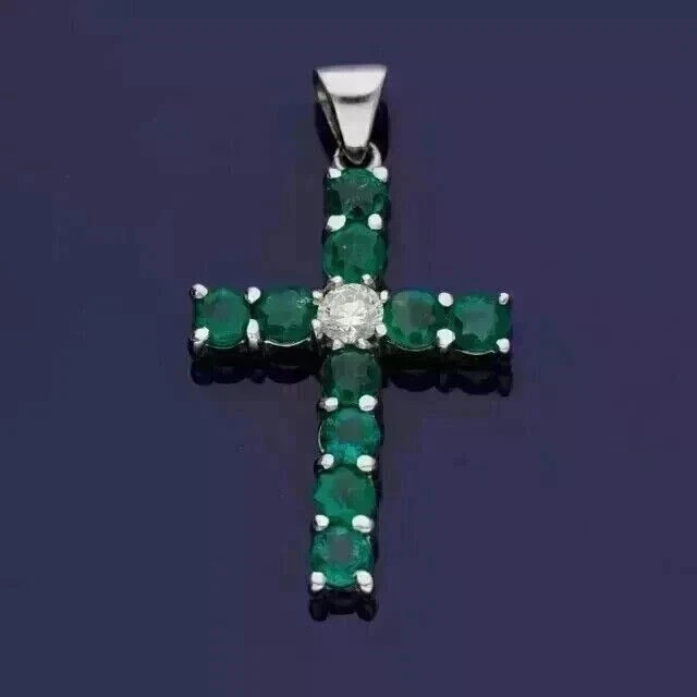 3CT Round Cut Natural Emerald Men’s Cross Pendant 14K White Gold Plated Silver